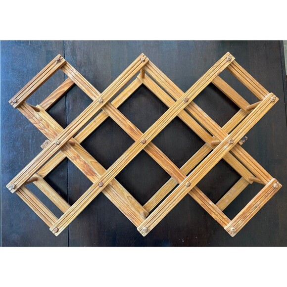Vintage Hanging Wooden 8 Slot Wine Rack Accordian Fold Up Bottle Holder - Picture 1 of 4